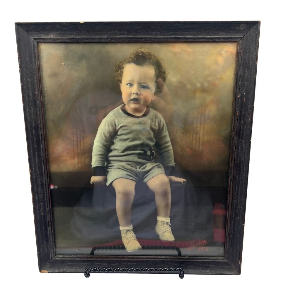 Antique Colorized 1932 Child Photo Portrait Wood Framed 13x11 Vtg Photography
